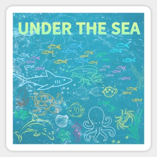 under the sea,blue sea,sea creatures,Turtle, puffer fish, starfish, shrimp, shark, tropical fish, sea horse, seaweed, sardines, squid, crabs, clams Sticker